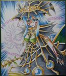  aqua_eyes aqua_hair armband choker colored_pencil_(medium) duel_monster evigishki_mind_augus eyeshadow fingerless_gloves gishki_ariel gloves hat looking_at_viewer makeup omega_na_hito shikishi sidelocks smile solo staff traditional_media witch_hat yuu-gi-ou 