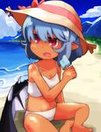  bad_id bad_pixiv_id bat_wings beach blue_hair blush butterfly_sitting cloud day drooling food hat hat_ribbon ice_cream koutetu_bouya open_mouth outdoors pointy_ears popsicle red_eyes remilia_scarlet ribbon short_hair sitting sky solo straw_hat sweat swimsuit tan tankini touhou water white_swimsuit wings 