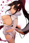  ass blurry blurry_background breasts brown_hair center_opening cleavage fan fur_trim highres horns large_breasts long_hair looking_at_viewer parted_lips petals pochi_(pochi-goya) ponytail simple_background smile solo very_long_hair white_background yellow_eyes 