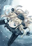  blonde_hair blue_eyes bubble colored_eyelashes cropped_jacket garrison_cap hat highres kantai_collection long_hair long_sleeves military military_uniform open_mouth pantyhose puffy_long_sleeves puffy_sleeves solo twitter_username u-511_(kantai_collection) underwater uniform water yukiharu 