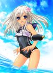  aoi_hiro blue_eyes blue_sky cloud cowboy_shot day flower hair_flower hair_ornament kantai_collection long_hair looking_at_viewer ocean one-piece_swimsuit ro-500_(kantai_collection) school_swimsuit school_uniform serafuku silver_hair sky solo standing swimsuit swimsuit_under_clothes tan tanline torpedo wading 