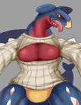  amber_eyes blush bottomless breasts clothed clothing dragon female garchomp half-dressed looking_at_viewer nintendo pok&eacute;mon solo sweater three_name tongue tongue_out video_games 