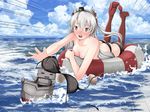  amatsukaze_(kantai_collection) bad_id bad_pixiv_id bikini bikini_top_removed black_bikini blue_sky blush breasts brown_eyes cloud cloudy_sky day emphasis_lines fang full_body hair_tubes hairband hat kantai_collection lifebuoy long_hair looking_at_another lowleg lowleg_bikini lying mini_hat no_nose ocean on_stomach open_mouth outdoors pads reaching rensouhou-kun silver_hair sky small_breasts solo swimsuit tamagane_chikyu thighhighs two_side_up very_long_hair 