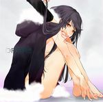  1girl arm_support bad_id bad_pixiv_id bangs barefoot black_hair black_jacket borrowed_garments breast_press breasts brown_eyes copyright_name durarara!! fingernails from_side fur-trimmed_jacket fur-trimmed_sleeves fur_trim grey_background hand_on_own_arm hands holding_another's_hair holding_hands hood hood_down hooded_jacket jacket jacket_on_shoulders knees_up long_hair long_sleeves medium_breasts nail_polish naked_coat noppo nude orihara_izaya out_of_frame parted_lips plantar_flexion sideboob sideways_glance solo_focus toenails white_nails yagiri_namie 