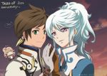  2015 2boys alisha_diphda anniversary brown_hair earrings feather_earrings gloves green_eyes hands_together jewelry kuromai long_hair mikleo_(tales) multiple_boys purple_eyes short_hair side_ponytail signature smile sorey_(tales) spoilers tales_of_(series) tales_of_zestiria white_hair 