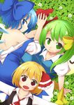  :d bare_back blonde_hair blue_eyes blue_hair bow breasts cirno cleavage daiyousei dress fang green_eyes green_hair hair_bow jagabutter looking_at_viewer multiple_girls open_mouth outstretched_arms red_eyes rumia shirt short_hair side_ponytail small_breasts smile spread_arms touhou vest wings 