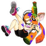  ass bangs bike_shorts black_shorts blunt_bangs breasts clenched_teeth cross-laced_footwear domino_mask finger_on_trigger frown full_body grimace headphones highres holding holding_weapon ink_tank_(splatoon) inkling long_hair looking_at_viewer looking_to_the_side mask okomeboy orange_eyes orange_hair paint_splatter pink_footwear pointy_ears shoes shorts simple_background single_vertical_stripe small_breasts sneakers solo splatoon_(series) splattershot_(splatoon) super_soaker teeth tentacle_hair weapon white_background 