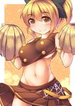  adapted_costume blonde_hair blush bouncing_breasts bow breasts cheerleader crop_top fun_bo hair_bow kurodani_yamame large_breasts looking_at_viewer midriff navel pom_poms ponytail revision skirt sleeveless smile solo touhou underboob yellow_eyes 