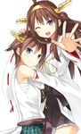  blue_eyes brown_hair cafe_choco detached_sleeves hairband hiei_(kantai_collection) hug japanese_clothes kantai_collection kongou_(kantai_collection) long_hair multiple_girls nontraditional_miko one_eye_closed outstretched_hand purple_eyes ribbon-trimmed_sleeves ribbon_trim sarashi short_hair smile 