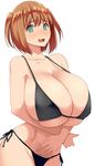  bikini blush breasts brown_hair green_eyes highres huge_breasts kloah looking_at_viewer open_mouth short_hair side-tie_bikini solo swimsuit two_side_up wavy_mouth 