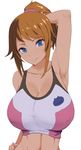  arm_up armpits blue_eyes breasts brown_hair covered_nipples gundam gundam_build_fighters gundam_build_fighters_try highres hoshino_fumina kloah large_breasts looking_at_viewer ponytail smile solo sports_bra 