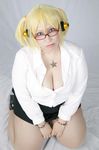  1girl asian blonde_hair cosplay headphones kouya nitroplus photo plump solo super_pochaco super_pochaco_(cosplay) 