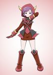  1girl boots expressionless fake_horns fighting_stance full_body gloves highres holding holding_poke_ball hood hoodie horned_headwear kagari_(pokemon) knee_boots looking_at_viewer poke_ball pokemon pokemon_(game) pokemon_oras purple_eyes purple_hair red_footwear ribbed_sweater short_hair simple_background solo sweater team_magma uniform 