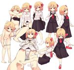  bent_over blonde_hair cameltoe commentary_request flat_chest highres long_sleeves multiple_girls navel nipples nude open_mouth panties panty_pull putting_on_shoes red_eyes rumia shirt shirt_lift shoe_dangle sitting skirt skirt_set spread_legs standing standing_on_one_leg touhou underwear undressing vest white_panties yunuki_uta 