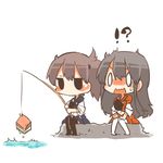  2girls akagi_(kantai_collection) black_hair black_legwear brown_hair chibi fishing fishing_hook fishing_line fishing_rod hishimochi kaga_(kantai_collection) kantai_collection long_hair lowres multiple_girls muneate o_o rebecca_(keinelove) side_ponytail sitting_on_rock solid_oval_eyes surprised thighhighs white_legwear 