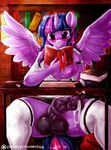  2015 animal_genitalia anthro anthrofied areola balls blush book breasts clothing dickgirl dimwitdog equine friendship_is_magic hair horn horsecock inside intersex legwear library long_hair mammal my_little_pony nipples paper pencil penis purple_body purple_eyes sitting solo spread_legs spreading thigh_highs twilight_sparkle_(mlp) watch winged_unicorn wings 