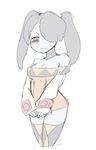  1girl bare_shoulders blue_skin blush breasts cerebella_(skullgirls)_(cosplay) choker cosplay hair_over_one_eye kurokuro_(pmnovel) red_eyes skullgirls squigly_(skullgirls) thigh_boots twintails zombie 