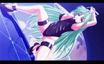  breasts bursting_breasts cameltoe cleavage front_zipper_swimsuit gloves green_eyes green_hair highres large_breasts letterboxed lindy_harlaown long_hair lyrical_nanoha meme_attire one-piece_swimsuit one_knee swimsuit tappa_(esperanza) 
