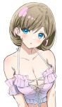  1girl bangs blue_eyes breasts cleavage collarbone eyebrows_visible_through_hair grey_hair large_breasts looking_at_viewer love_live! love_live!_superstar!! open_mouth parted_bangs sankuro_(agoitei) shiny shiny_hair short_hair simple_background solo tang_keke upper_body white_background 