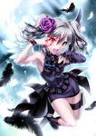  black_wings blush boots detached_sleeves drill_hair feathers flower full_body gothic_lolita hair_flower hair_ornament highres idolmaster idolmaster_cinderella_girls kanzaki_ranko lolita_fashion long_hair looking_at_viewer nail_polish open_mouth purple_flower purple_rose red_eyes rose rosenburg_engel shirt single_sleeve skirt sleeveless sleeveless_shirt smile solo thigh_strap twin_drills twintails white_wings wings zen 