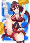  adapted_costume arlonn breasts brown_eyes brown_hair cheerleader highres kantai_collection kicking large_breasts long_hair midriff miniskirt panties pantyshot pleated_skirt pom_poms ponytail skirt solo thighhighs underwear very_long_hair yamato_(kantai_collection) 