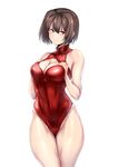  blush breasts brown_eyes brown_hair cleavage cleavage_cutout front_zipper_swimsuit hyuuga_(kantai_collection) kantai_collection large_breasts meme_attire one-piece_swimsuit red_swimsuit short_hair smile solo sweatdrop swimsuit ulrich_(tagaragakuin) 