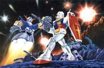  battle explosion gun gundam mecha mobile_suit_gundam official_art rick_dom rocket_launcher rx-78-2 scan shield space weapon zeong 