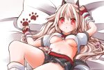  :o animal_ears azur_lane bangs bed belly belt blush bracelet breasts fingerless_gloves gloves hair_bobbles hair_ornament jewelry long_hair looking_at_viewer lying medium_breasts midriff nail_polish navel open_mouth paw_print pillow pleated_skirt red_eyes shirt skirt stomach stomach_tattoo tail tattoo thick_eyebrows underboob very_long_hair white_hair white_shirt wolf_ears yuudachi_(azur_lane) 