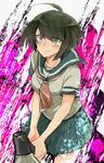  ahoge bangs blue_skirt blush brown_hair crying crying_with_eyes_open danganronpa gaa_(butsugen) green_eyes megaphone naegi_komaru pleated_skirt school_uniform serafuku short_hair skirt solo swept_bangs tears zettai_zetsubou_shoujo 