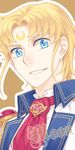  bishoujo_senshi_sailor_moon blonde_hair blue_eyes character_name cravat crescent facial_mark forehead_mark formal genderswap genderswap_(ftm) lowres male_focus nickii25 portrait smile solo suit tsukino_usagi upper_body yellow_background 