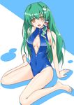  arm_support bare_shoulders barefoot blush breasts brown_eyes cleavage cleavage_cutout covered_navel frog frog_hair_ornament front_zipper_swimsuit green_hair hair_ornament hair_tubes kochiya_sanae long_hair looking_at_viewer medium_breasts meme_attire one-piece_swimsuit open_mouth shintani_masaki sitting skin_tight snake snake_hair_ornament solo sweatdrop swimsuit touhou unzipped wariza zipper 