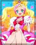  :d aqua_eyes blonde_hair blue_background bow choker cure_flora gloves go!_princess_precure gradient_hair haruno_haruka kagami_chihiro long_hair magical_girl multicolored_hair open_mouth pink_bow pink_hair precure smile solo two-tone_hair white_gloves 