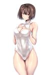  blush breasts brown_eyes brown_hair cleavage cleavage_cutout front_zipper_swimsuit hyuuga_(kantai_collection) kantai_collection large_breasts meme_attire one-piece_swimsuit short_hair smile solo sweatdrop swimsuit ulrich_(tagaragakuin) 