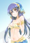 3: blue_hair blush breasts covering covering_breasts frapowa harem_outfit long_hair looking_at_viewer love_live! love_live!_school_idol_project medium_breasts midriff navel solo sonoda_umi undressing upper_body veil yellow_eyes 