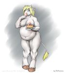  2015 anthro bikini blonde_hair bovine breasts cake cattle chubby clothing eating faf food fur hair hooves horn looking_at_viewer mammal navel nipples nude solo swimsuit white_fur yellow_eyes 
