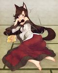  1girl :t animal_ears bare_shoulders barefoot blush brooch brown_hair dress eating feet imaizumi_kagerou jewelry long_hair long_sleeves looking_at_viewer lying on_side red_eyes solo tail tatami touhou urin wolf_ears wolf_tail 