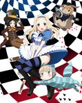  502nd_joint_fighter_wing aleksandra_i_pokryshkin alice_(wonderland) alice_(wonderland)_(cosplay) alice_in_wonderland animal_costume animalization blonde_hair blue_eyes brave_witches bunny card cat_costume checkered checkered_background cheshire_cat cheshire_cat_(cosplay) cosplay dress hat kaneko_(novram58) kanno_naoe long_hair mad_hatter mad_hatter_(cosplay) march_hare march_hare_(cosplay) multiple_girls nikka_edvardine_katajainen open_mouth panties playing_card short_hair striped striped_legwear thighhighs top_hat underwear waltrud_krupinski world_witches_series 
