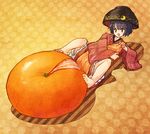  armbar barefoot blush bowl crescent food frills fruit japanese_clothes kimono long_sleeves mandarin_orange minigirl object_on_head open_mouth orange orange_background peeling polka_dot polka_dot_background purple_hair short_hair simple_background smile solo sukuna_shinmyoumaru touhou urin wide_sleeves 