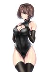  blush breasts brown_eyes brown_hair cleavage cleavage_cutout elbow_gloves front_zipper_swimsuit gloves hyuuga_(kantai_collection) kantai_collection large_breasts meme_attire one-piece_swimsuit short_hair smile solo sweatdrop swimsuit thighhighs ulrich_(tagaragakuin) 