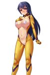  bad_id bad_pixiv_id blue_hair bodysuit breasts highres large_breasts long_hair looking_at_viewer maebari navel open_clothes original parted_lips pasties red_eyes simple_background smile solo very_long_hair vuccha white_background yellow_bodysuit 