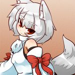  animal_ears bad_id bad_pixiv_id bare_shoulders breasts detached_sleeves inubashiri_momiji inunoko. looking_at_viewer naughty_face pom_pom_(clothes) red_eyes short_hair silver_hair small_breasts smirk solo tail touhou tsurime undershirt wolf_ears wolf_tail 