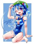  2015 ;d arm_support armband bad_id bad_pixiv_id blue_eyes blue_hair breasts cleavage cleavage_cutout dated front_zipper_swimsuit hair_bobbles hair_ornament hat hose kawashiro_nitori medium_breasts meme_attire one-piece_swimsuit one_eye_closed open_mouth short_hair sitting smile solo suzu_keika swimsuit teeth touhou two_side_up water 