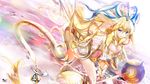  blonde_hair blue_eyes breasts cleavage headdress heco_(mama) highres large_breasts long_hair puzzle_&amp;_dragons sakuya_(p&amp;d) solo tail 