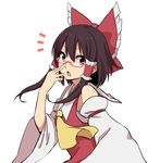  1girl ascot bare_shoulders bespectacled bow brown_hair detached_sleeves dress glasses hair_bow hair_tubes hakurei_reimu leon_(mikiri_hassha) long_sleeves looking_at_viewer open_mouth red-framed_eyewear red_dress red_eyes solo touhou wide_sleeves 