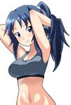  adjusting_hair armpits arms_up black_hair blue_eyes bottomless breasts girls_und_panzer groin long_hair medium_breasts navel ootori_masatsuna out-of-frame_censoring ponytail ribbon smile solo sports_bra yamagou_ayumi 