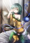  bare_shoulders barefoot bed bedside bloomers collarbone green_eyes green_hair indoors kneeling komeiji_koishi lamp looking_at_viewer minamina off_shoulder on_bed one_eye_closed rubbing_eyes short_hair sleepy solo third_eye touhou underwear wide_sleeves 