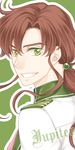  bishoujo_senshi_sailor_moon brown_hair character_name formal genderswap genderswap_(ftm) green_background green_eyes grin hair_bobbles hair_ornament kino_makoto long_hair looking_back low_ponytail lowres male_focus nickii25 sidelocks smile solo suit upper_body 