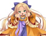  bad_id bad_pixiv_id blonde_hair detached_sleeves dress enjutsu green_eyes hands_on_hips highres jewelry jintosu koihime_musou leaning_forward long_hair necklace open_mouth ribbon sleeves_past_wrists solo very_long_hair 