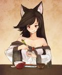  :q animal_ears bare_shoulders bowl brown_hair chopsticks cup dish dress food imaizumi_kagerou jewelry long_hair long_sleeves looking_down nattou off_shoulder red_eyes rice rice_bowl simple_background smile solo table tongue tongue_out touhou urin wide_sleeves wolf_ears yunomi 