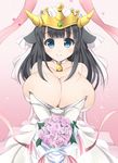  absurdres animal_ears bangs bare_shoulders bell bell_collar black_hair blue_eyes blunt_bangs blush bouquet breasts bridal_veil bursting_breasts cleavage closed_mouth collar cow_bell cow_ears cow_horns dress emerald eyebrows_visible_through_hair flower gem gradient gradient_background heart highres holding holding_bouquet horns huge_breasts kurokaze_no_sora long_hair looking_at_viewer miru_holstein pink_background pink_flower pink_ribbon pink_rose raised_eyebrows ribbon rose sidelocks skindentation smile solo sparkle standing straight_hair strapless strapless_dress tiara transparent uchi_no_hime-sama_ga_ichiban_kawaii v_arms veil wedding_dress white_dress 